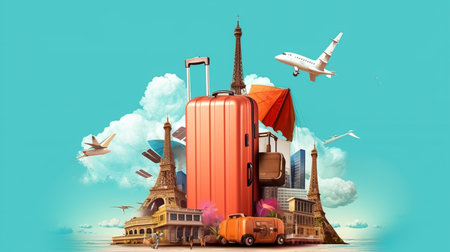 Traveling around the world with your luggage. 3D illustration.の素材