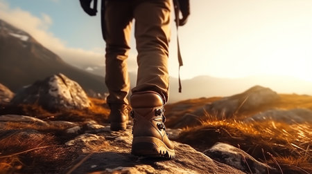 Hiking in the mountains. Hiker in the mountains at sunset.の素材