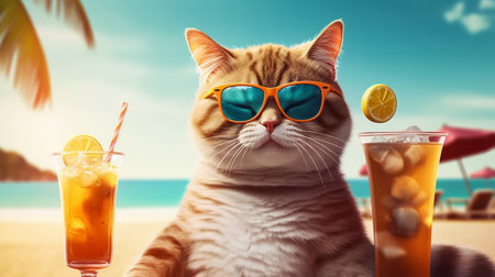 Cute cat in sunglasses and cocktail on beach. Summer vacation conceptの素材