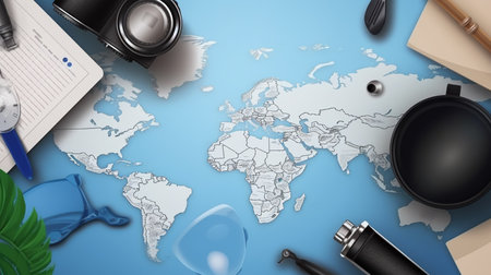 World map and travel items on blue background. Top view. 3D illustration.の素材