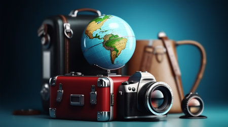 Travel and tourism concept. Luggage, camera and globe on blue backgroundの素材