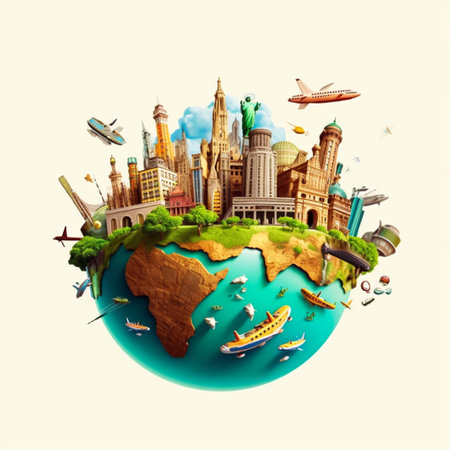 Famous monuments of the world floating in the air on a globeの素材