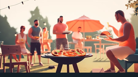 Group of friends having barbecue party on summer terrace. People eating pizza.の素材