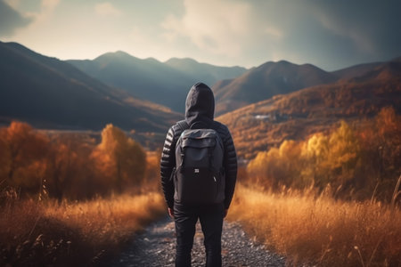 Hiker with backpack on the road in autumn mountains. travel conceptの素材