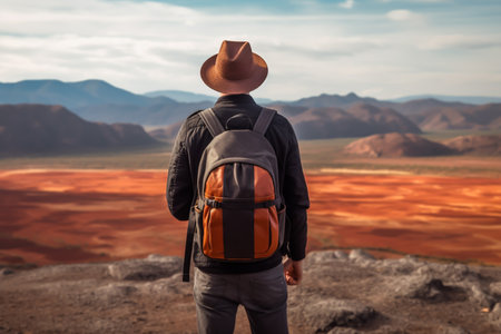 Man with backpack and hat standing on the top of the mountain in the desertの素材