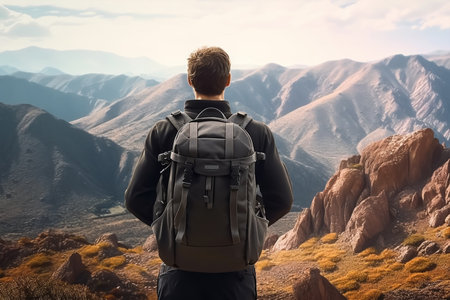 Back view of a man with a backpack looking at the mountains.の素材