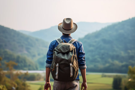 Back view of man with backpack and hat standing on top of the mountainの素材