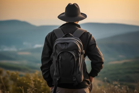 Back view of young man with backpack standing on top of mountain and looking at sunsetの素材