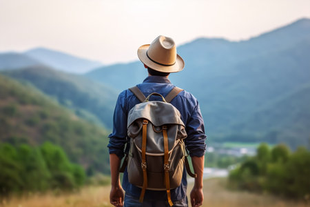 Back view of man with backpack and hat standing on the mountain.の素材