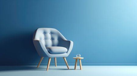 Blue armchair and coffee table on blue wall. 3D renderingの素材