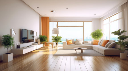 modern bright interiors apartment Living room 3D rendering computer generated imageの素材
