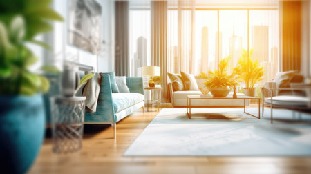 Modern living room interior with furniture and city view. 3D Renderingの素材