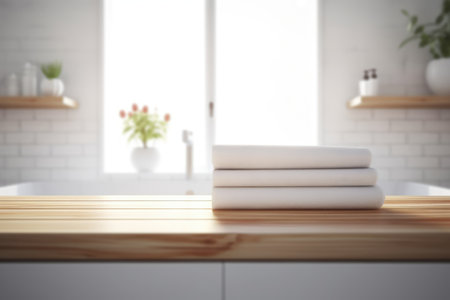 Stack of white towels on wooden table in modern kitchen. Mock-up, 3D Renderingの素材
