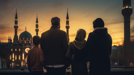 Silhouette of family looking at the mosque in Istanbul, Turkeyの素材