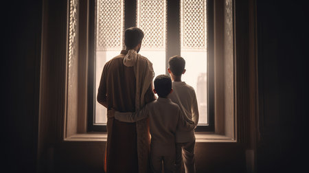 Rear view of Muslim father and son looking out the window at homeの素材
