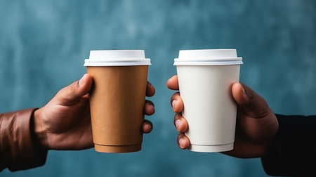 cropped view of african american man and woman holding disposable coffee cupsの素材