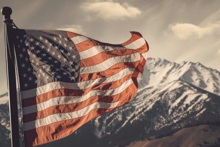USA flag flying in the mountains, USA Dayの素材