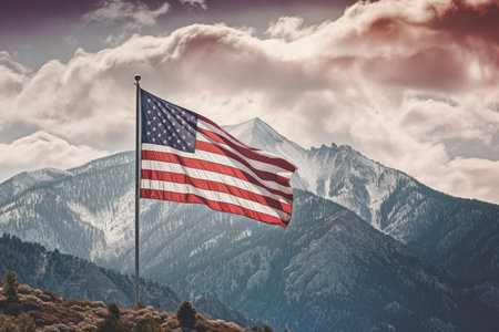 USA flag flying in the mountains, USA Dayの素材