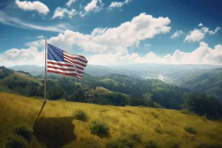 USA flag flying in the mountains, USA Dayの素材