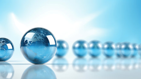3D rendering of a blue glass globe in front of a group of silver ballsの素材