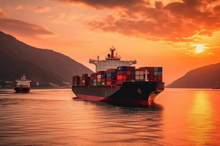 Container ship in the sea at sunset. Freight transportation concept.の素材