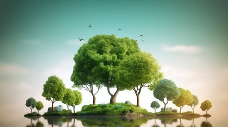 Ecology concept with green trees and birds. 3D illustration.の素材
