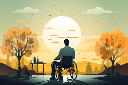 Disabled man in wheelchair in the autumn park. Vector illustration.の素材