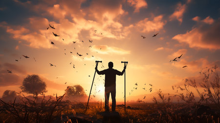 Silhouette of a man with a Nordic walking pole against the backdrop of a beautiful sunsetの素材
