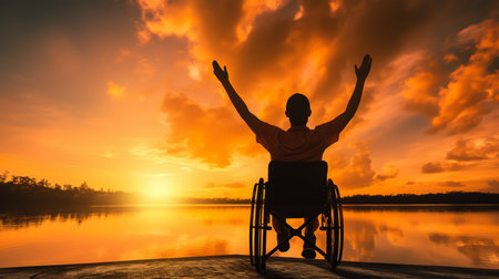 Silhouette of disabled man in wheelchair with raised hands on sunset backgroundの素材