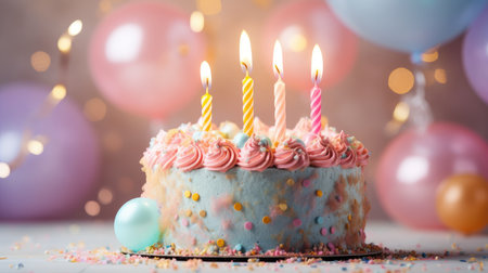 Birthday cake with candles on bokeh background, closeupの素材