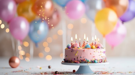 Birthday cake with burning candles and balloons on blurred background, closeupの素材