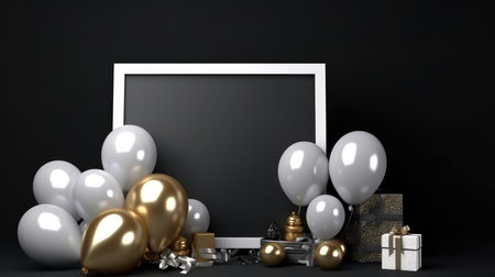 3d render of black frame with golden and silver balloons, gift boxes and ribbons on black backgroundの素材