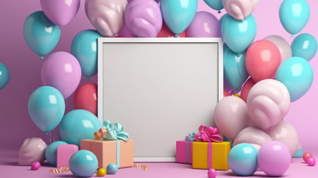 3d render of white frame with colorful balloons and gift boxes on pink backgroundの素材