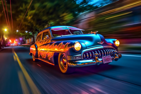 Classic american car on the road at night with motion blur.の素材