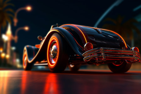 3D rendering of a classic car in the city at night.の素材