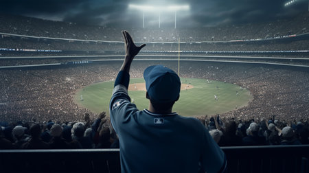 Baseball player throwing ball into the crowd on a large baseball stadiumの素材