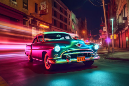Classic american car on the street at night with motion blur.の素材