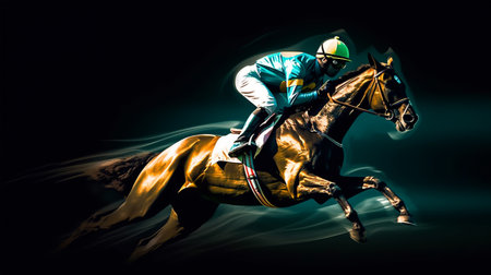 Horse racing with jockeys on black background, closeupの素材