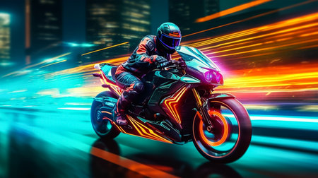 Motorcycle rider riding fast on the road with motion blur background.の素材