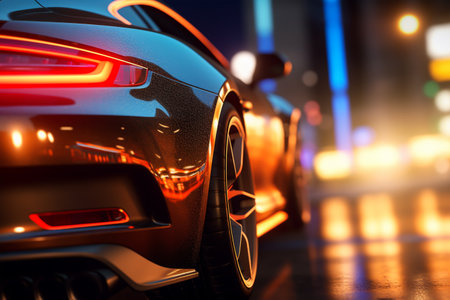 Sports car on the road in the city at night. 3d renderingの素材