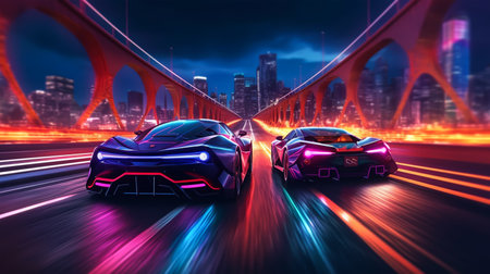 Sports car on the road in the city at night. 3d renderingの素材