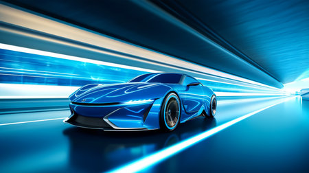 3D rendering of a blue sports car in the road with motion blurの素材