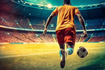 Soccer player on the field of stadium at night. Mixed mediaの素材