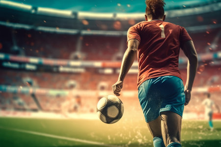 Rear view of football player in red jersey with ball at stadiumの素材