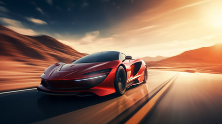 Red sports car on the road with motion blur effect. 3d renderingの素材