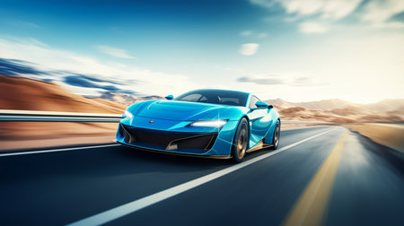 Blue sport car on the road with motion blur effect. 3d renderingの素材