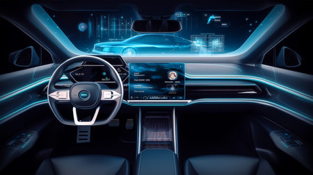 3d rendering of a modern car interior with a dashboard and steering wheelの素材