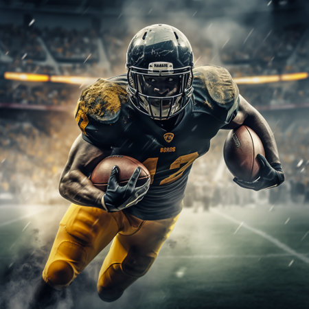 American football player in action with ball on stadium background. Sports concept.の素材