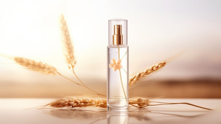 bottle of cosmetic product on table in front of wheat field backgroundの素材