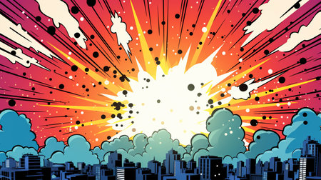 Vector illustration of a cityscape with explosion and clouds. Cityscape background.の素材